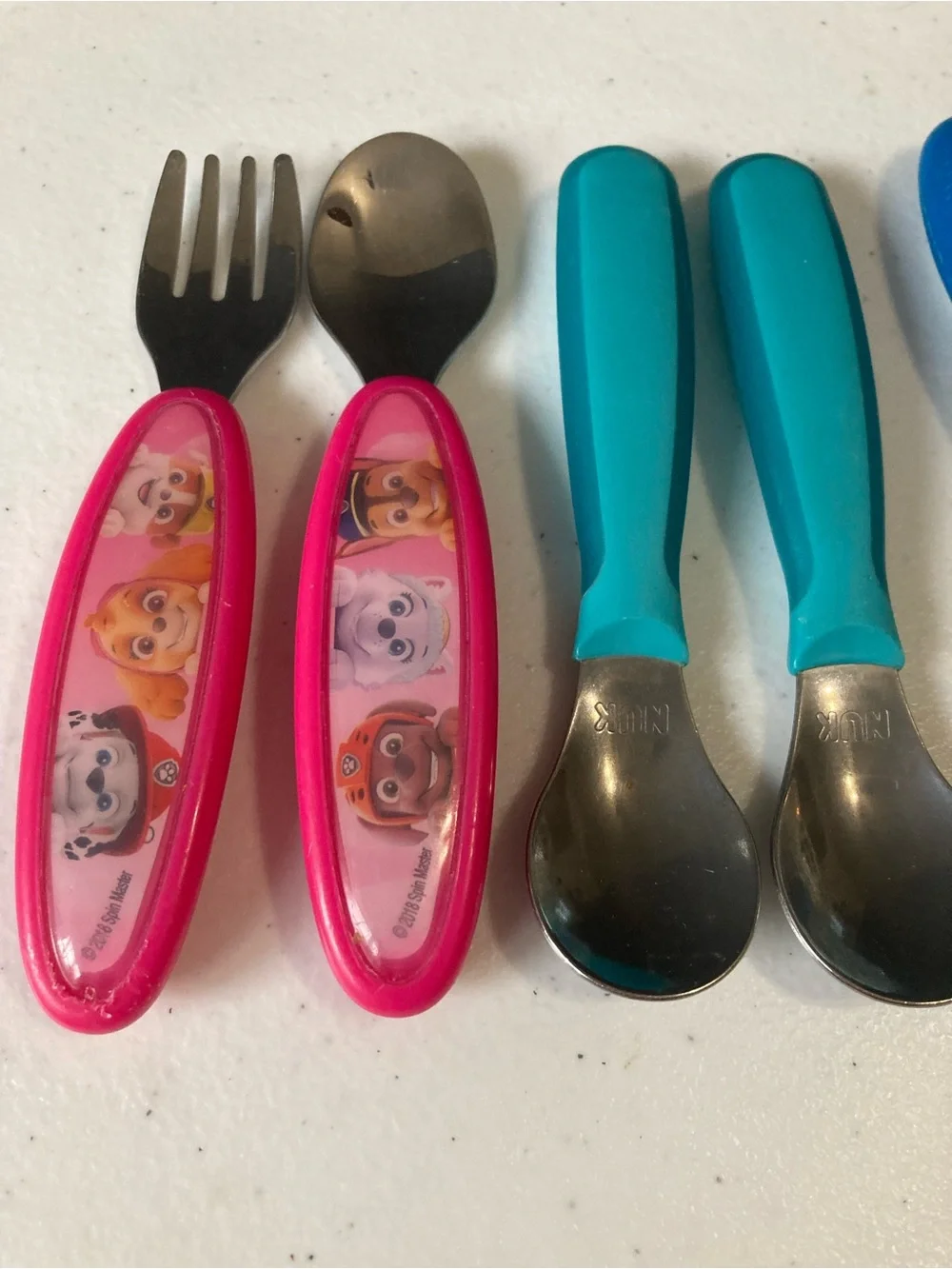 Kids Stainless Steel Utensil Set - Pink & Teal Handles Paw Patrol Spoon & Fork